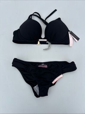 Victoria's Secret Black Push-Up Bikini Set with Gold Clasp NWT